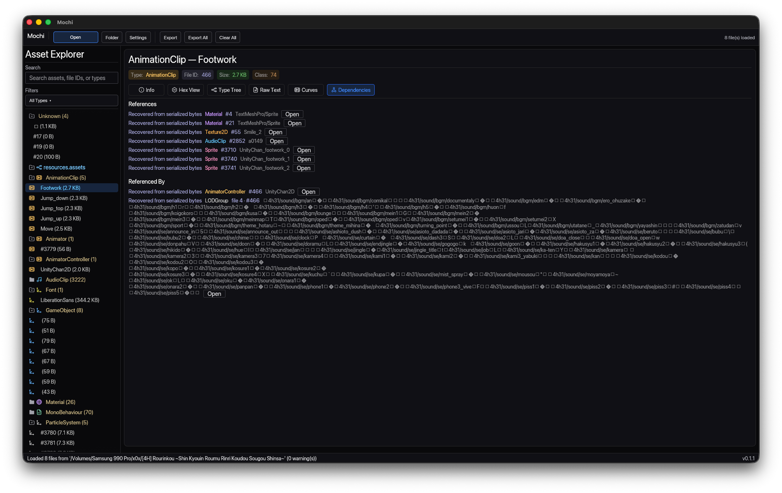 Mochi dependencies view showing related asset references.