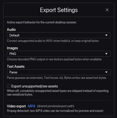 Mochi export settings dialog with asset output options.