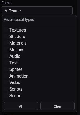Mochi filters panel showing selectable Unity asset types.