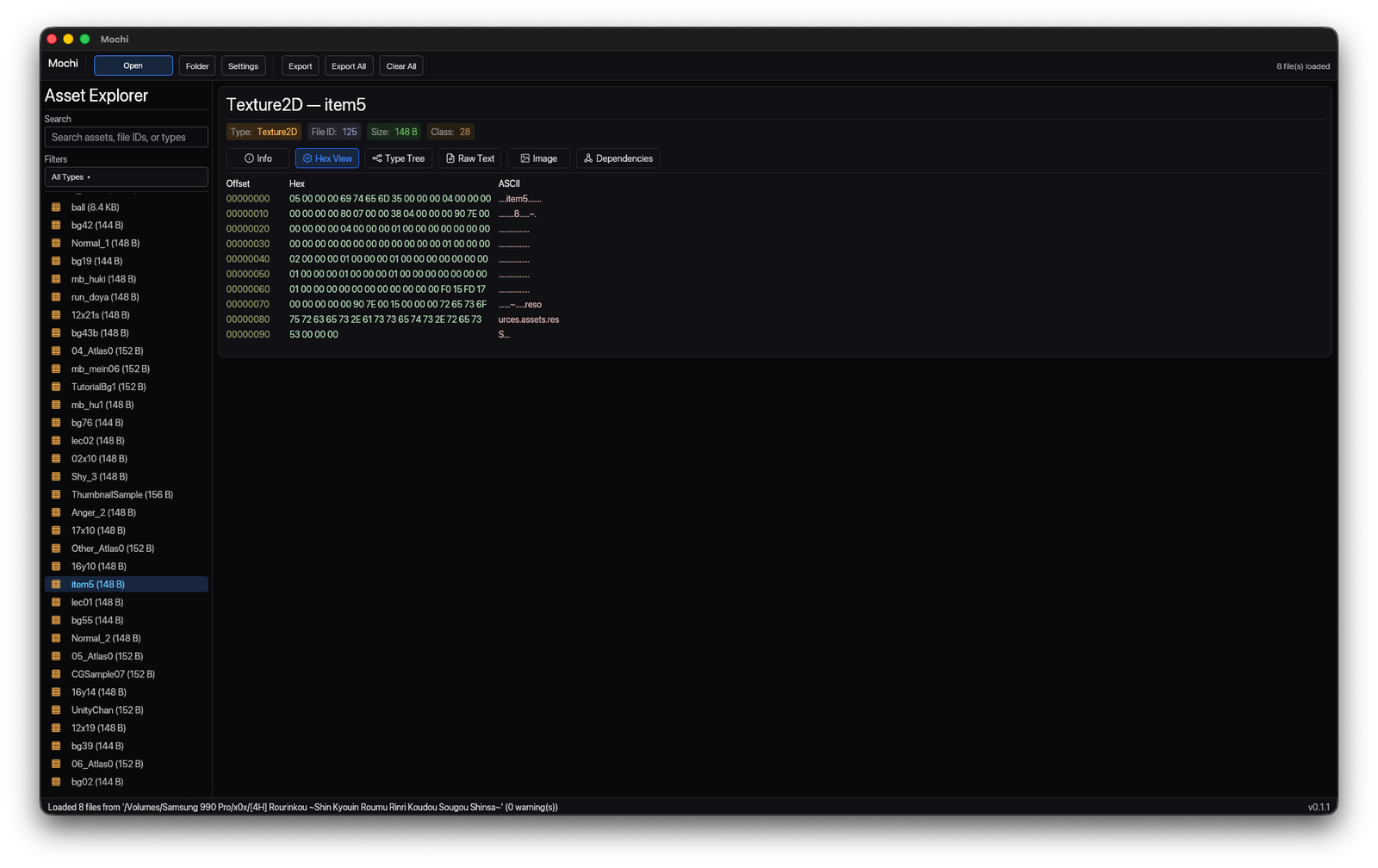 Mochi hex view showing byte offsets, hexadecimal values, and ASCII output.