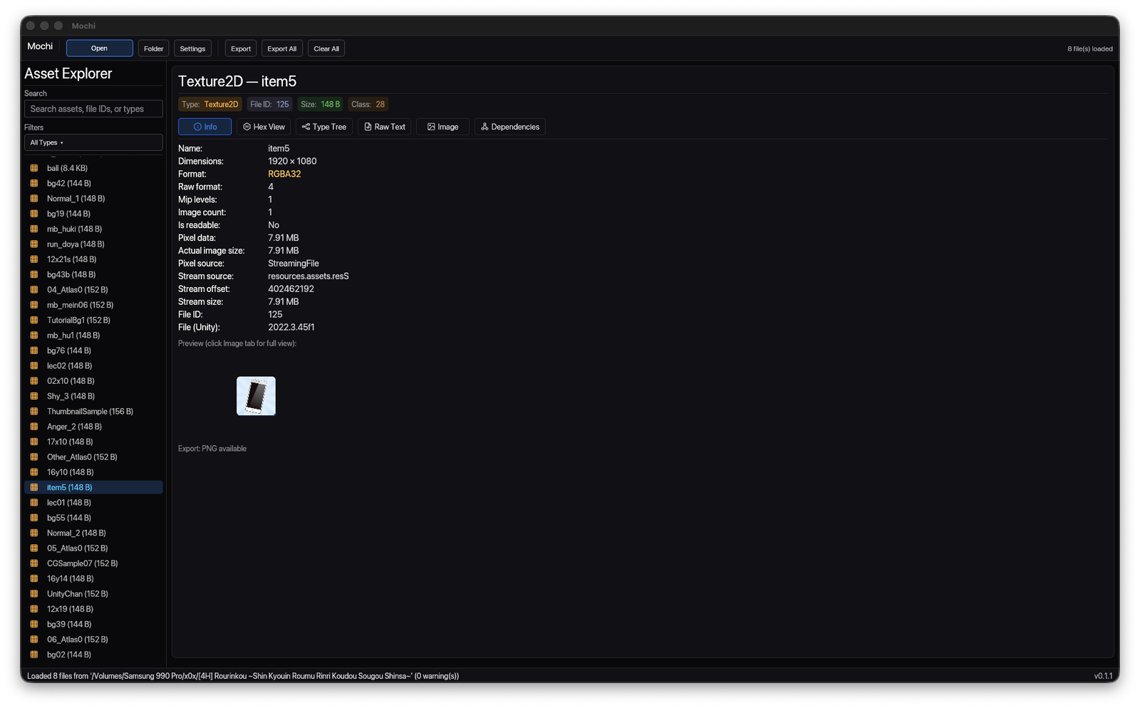Mochi info view showing a Unity asset list and metadata for a selected texture.