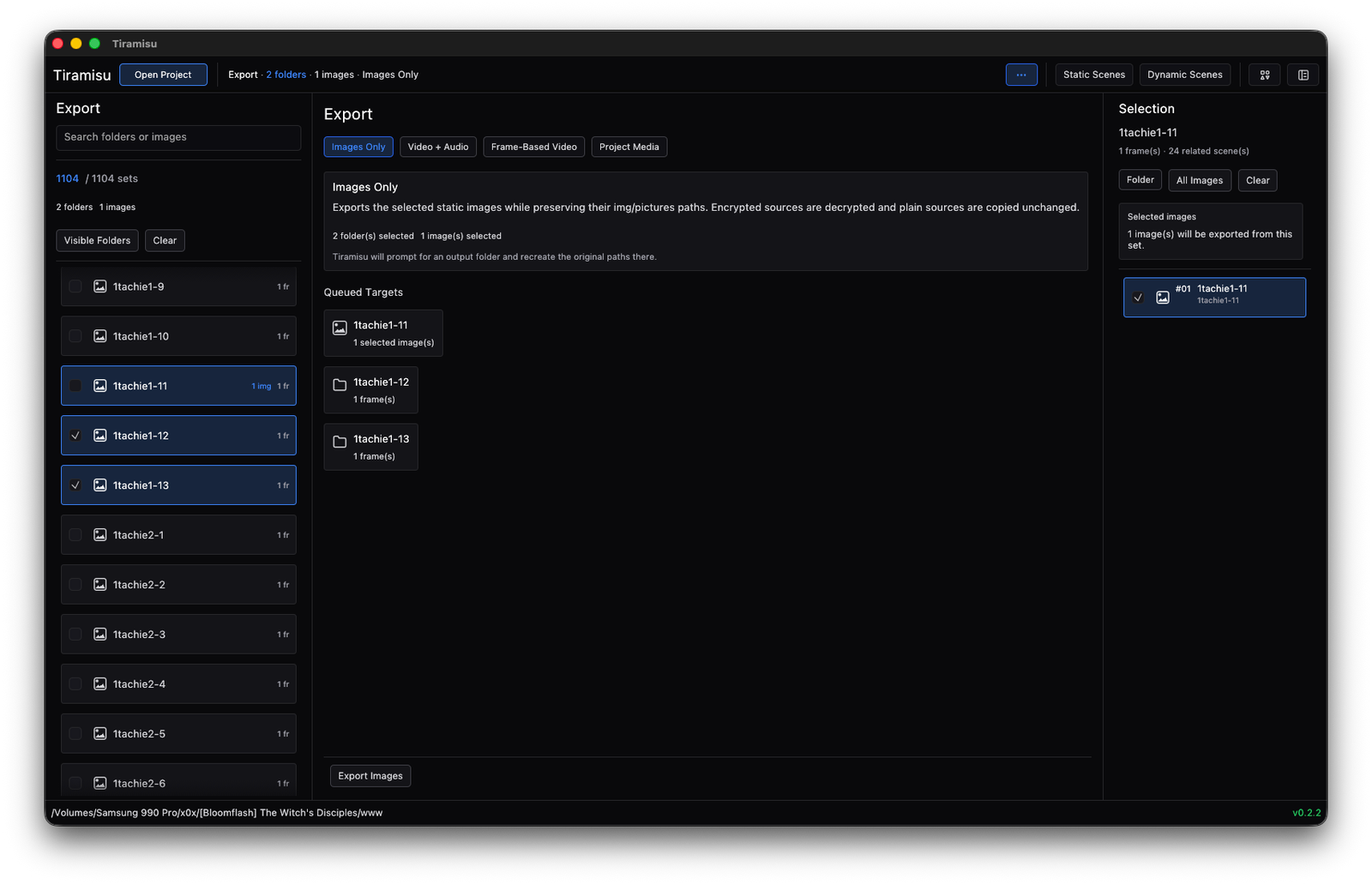 Export view showing output controls and project export options.