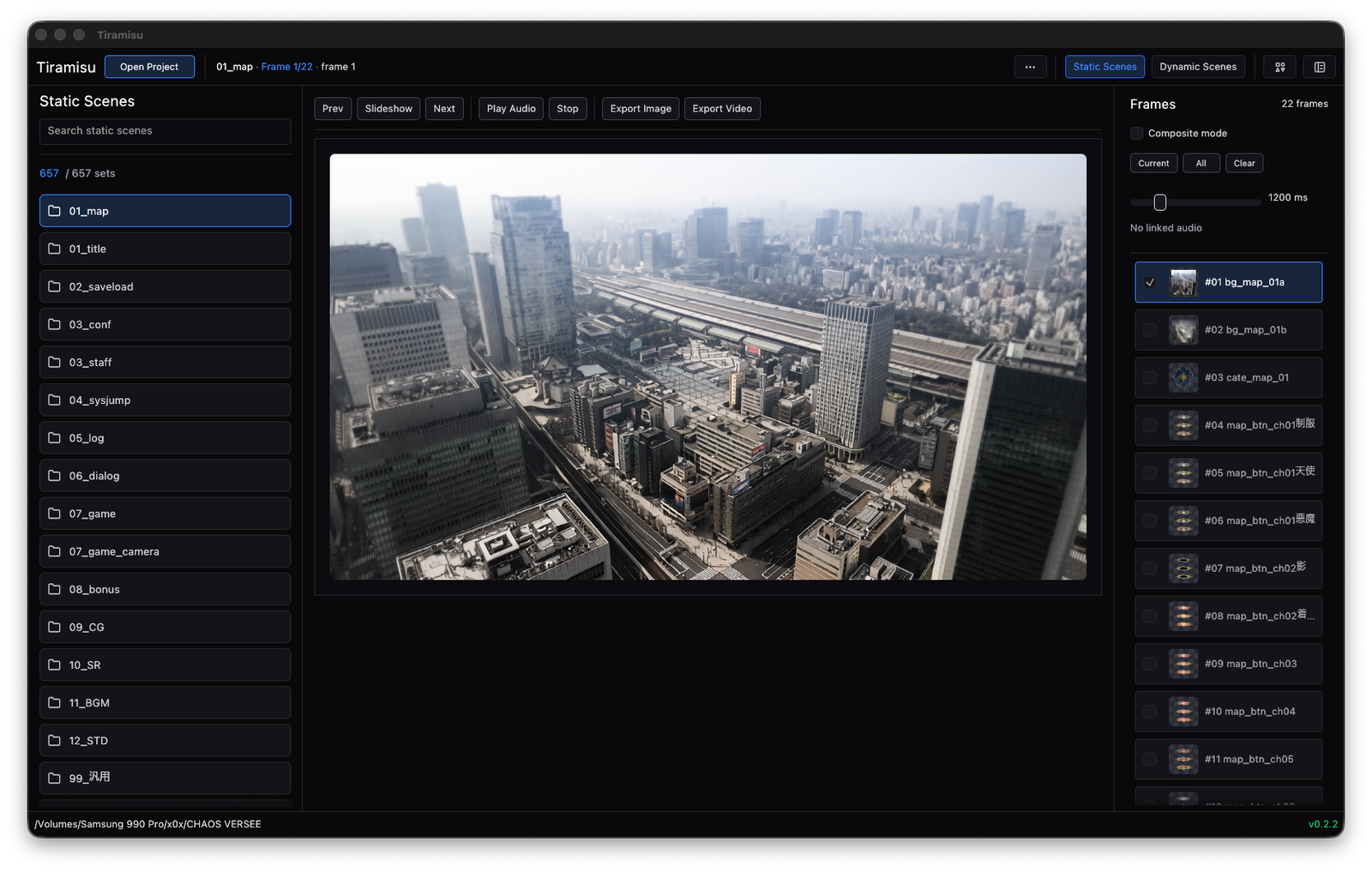Static scenes view with grouped images and frame controls.