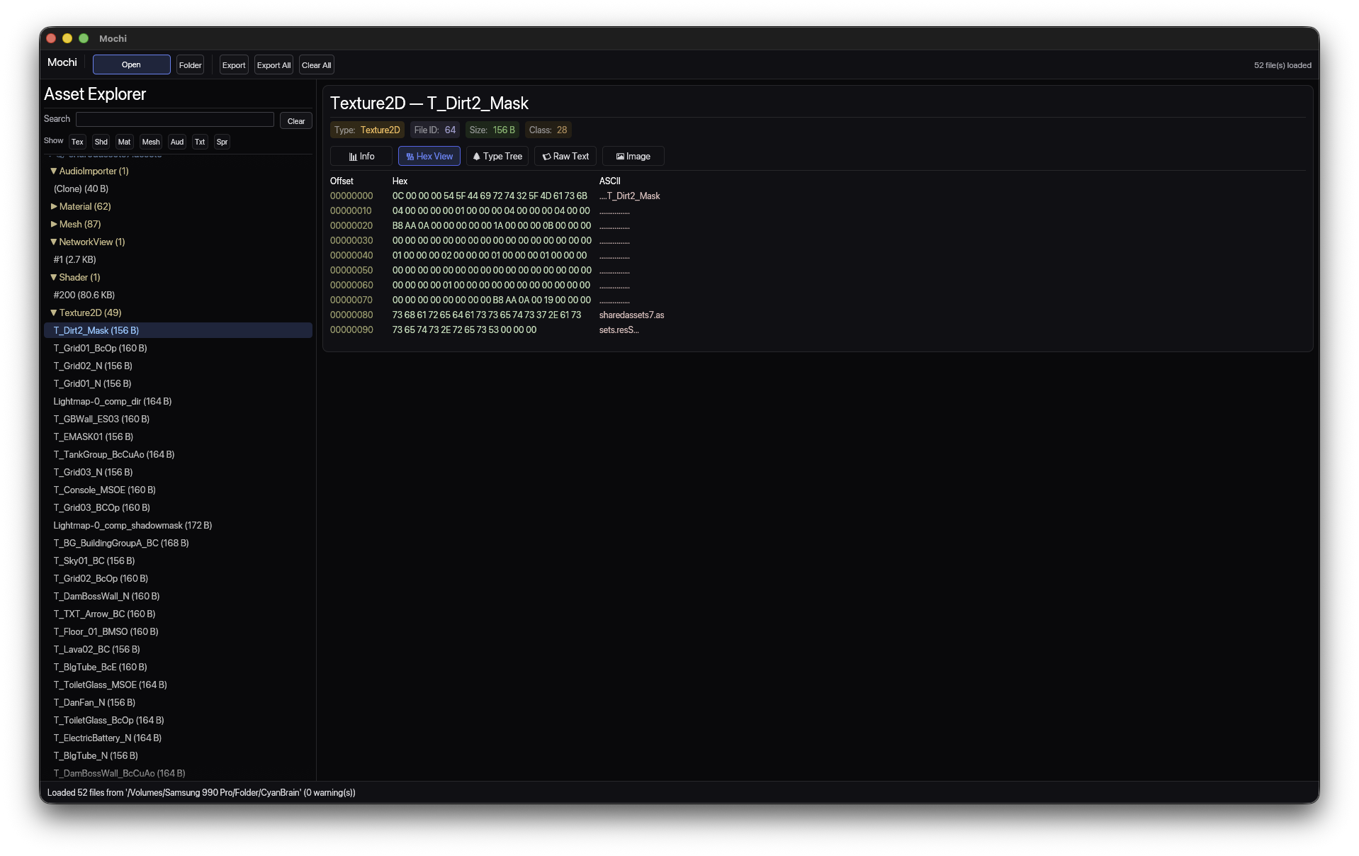 Hex view showing byte offsets, hexadecimal values, and ASCII output for a Unity texture asset.