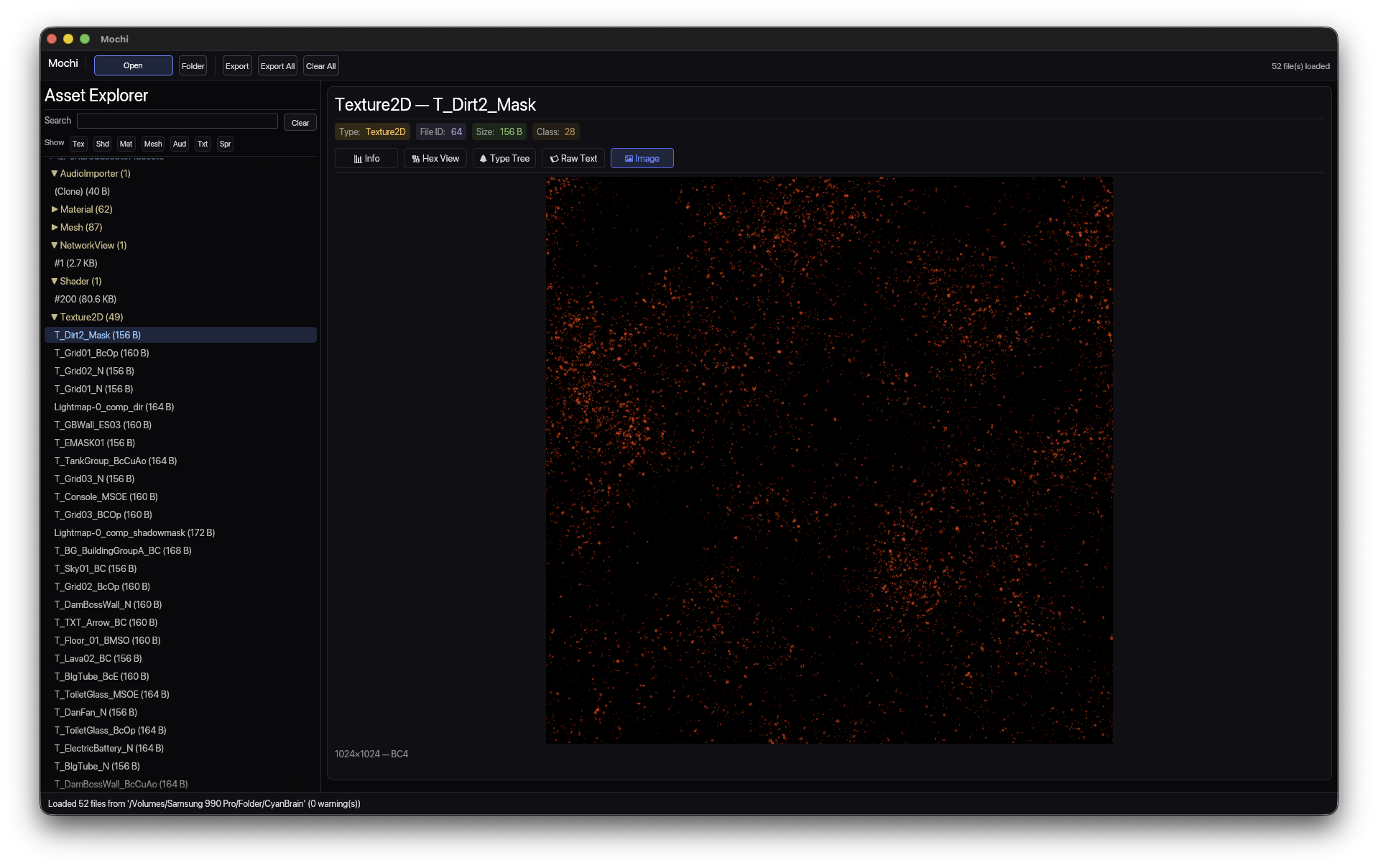 Mochi showing a Unity texture preview beside an asset browser and filter list.