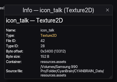 Pop-out info panel showing metadata such as asset name, type, file ID, and source file.