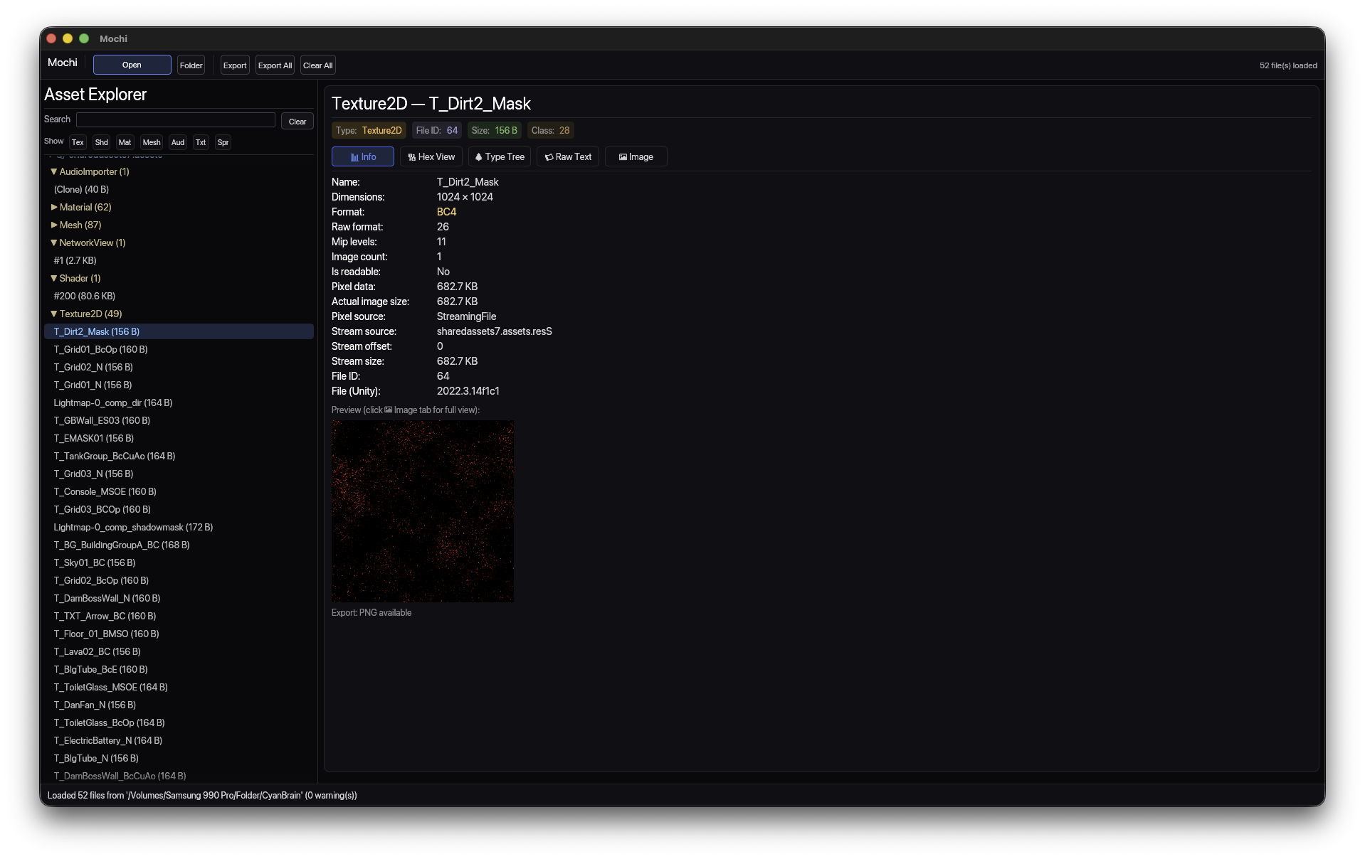 Info view showing the Unity asset list, grouped types, and detailed metadata for a selected texture.