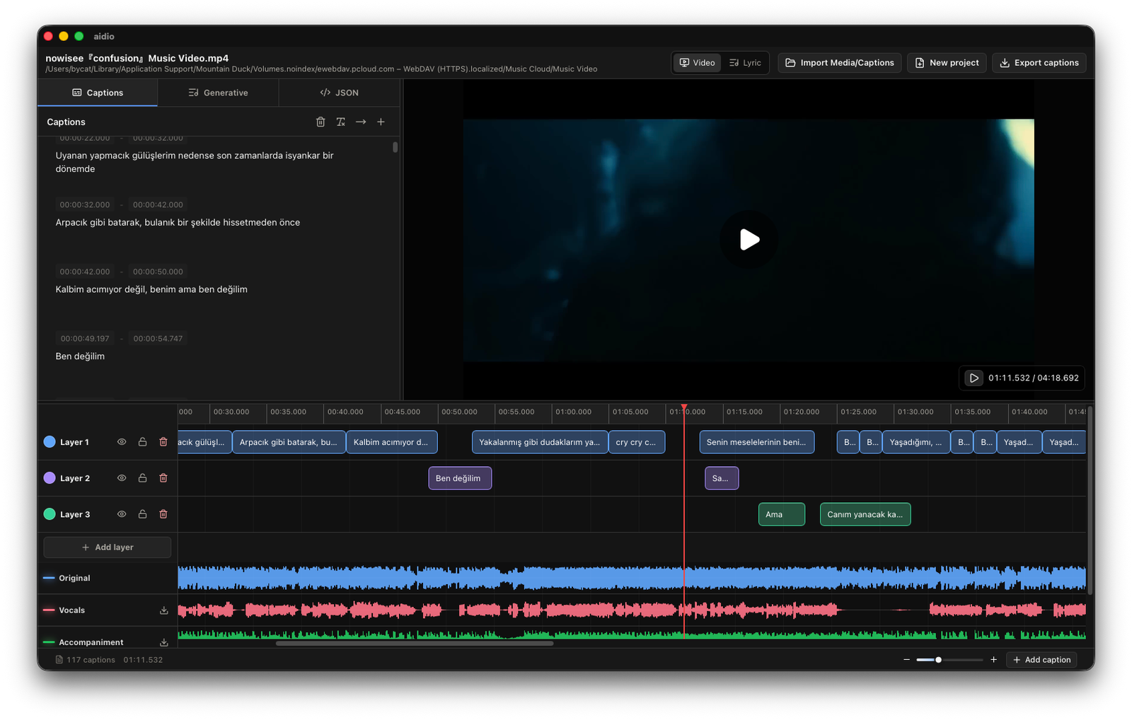 Aidio showing a dark subtitle and audio editing workspace.
