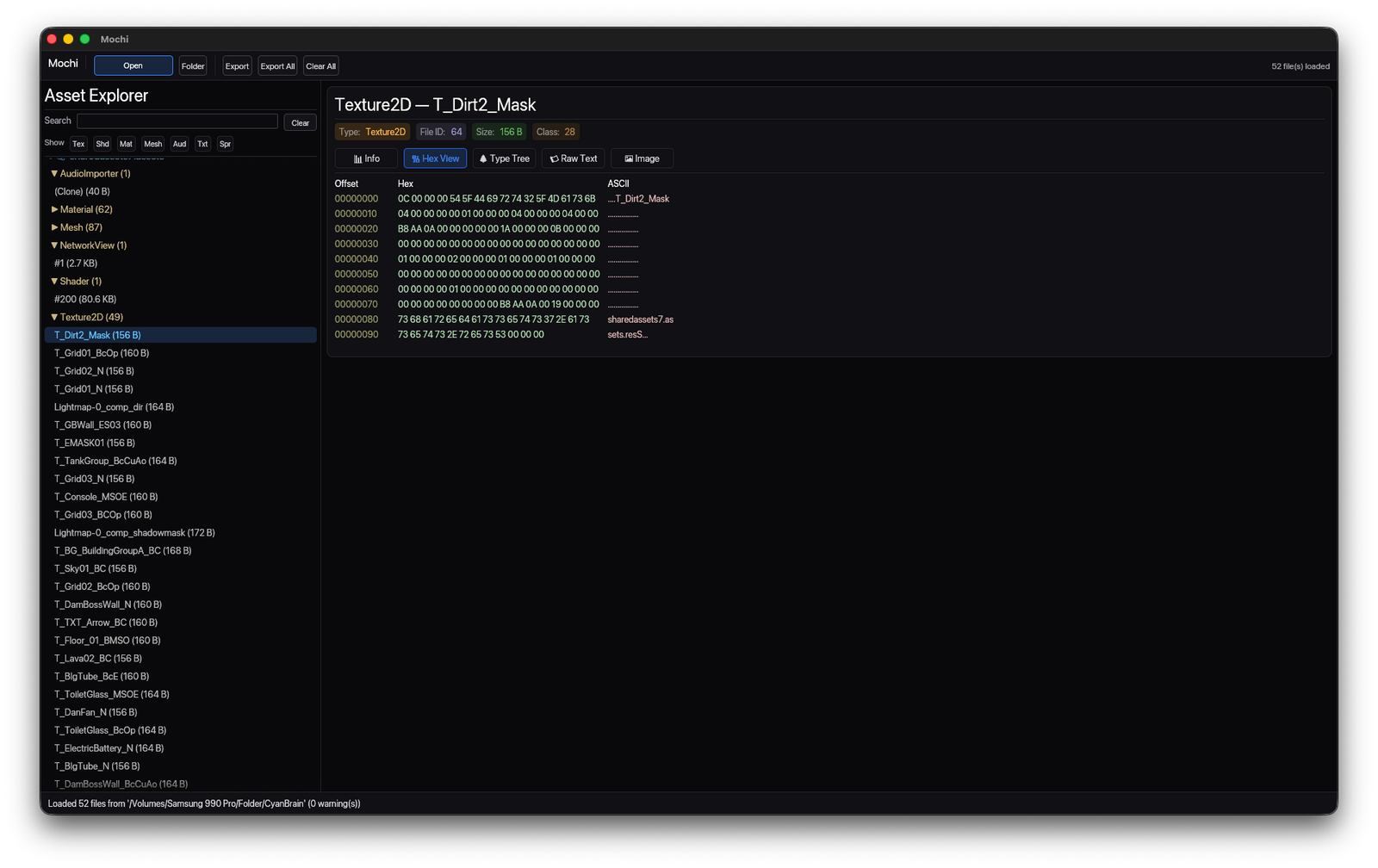 Hex view showing byte offsets, hexadecimal values, and ASCII output for a Unity texture asset.