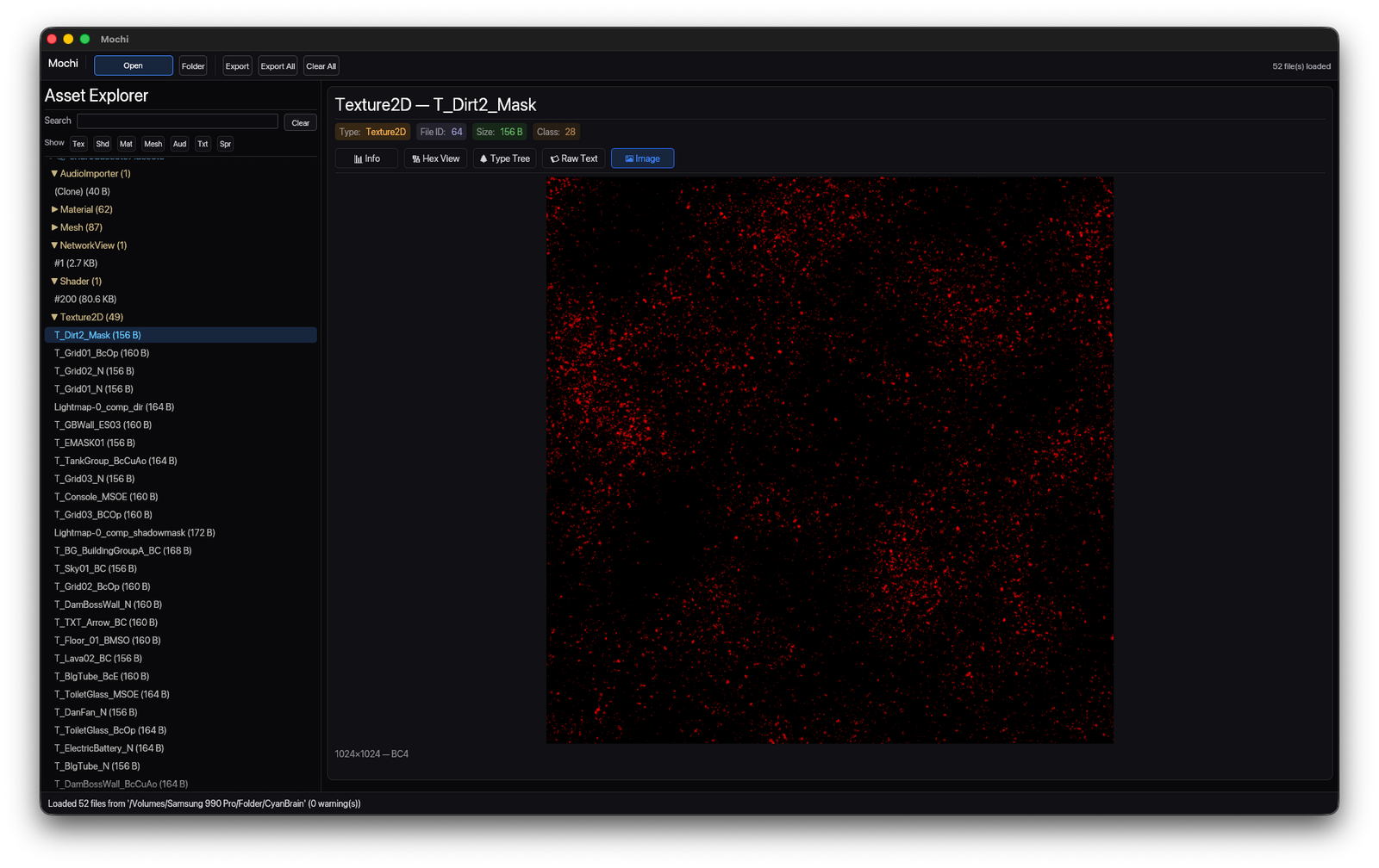 Mochi showing a Unity texture preview beside an asset browser and filter list.
