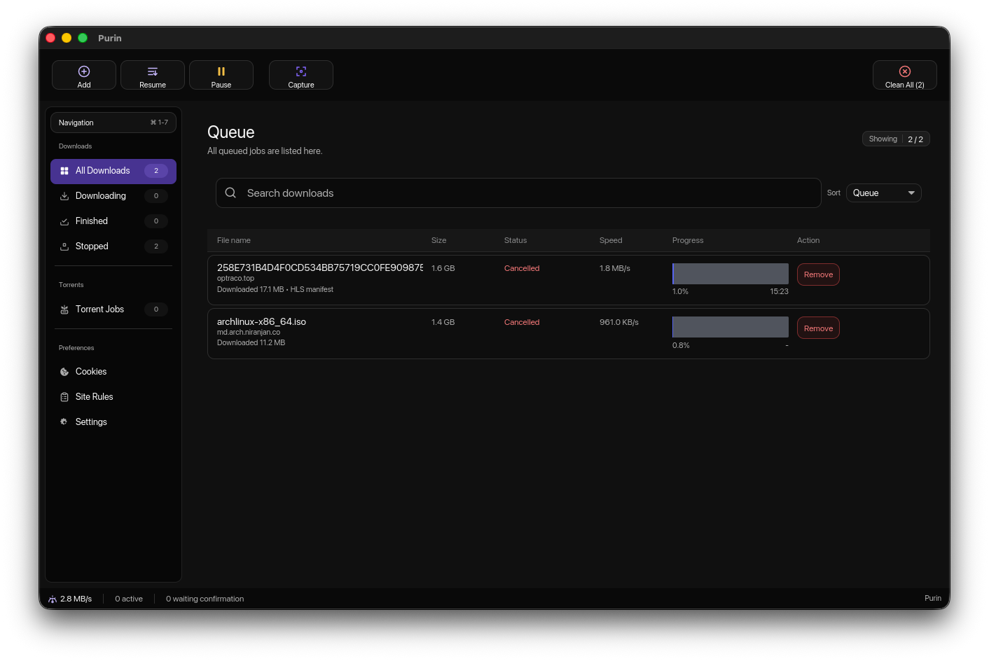Purin showing a dark download queue workspace.