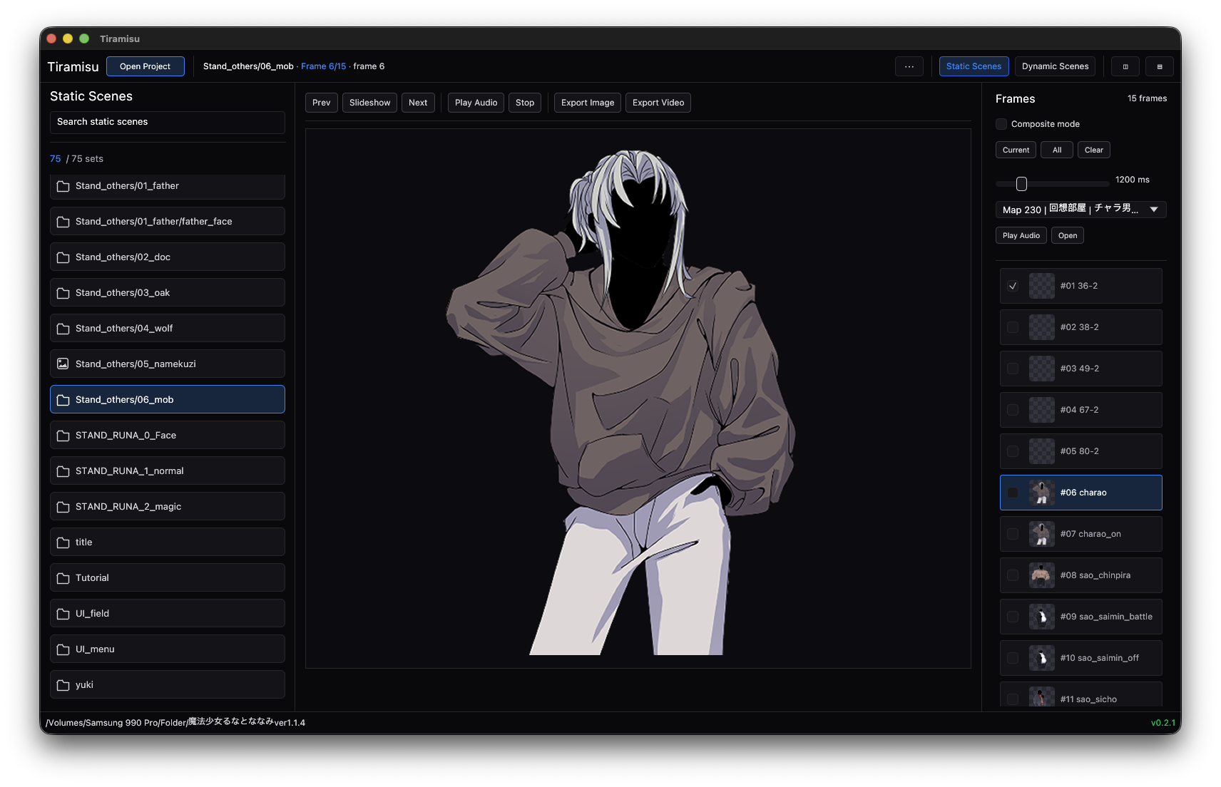 Static scenes view with grouped images and frame controls.